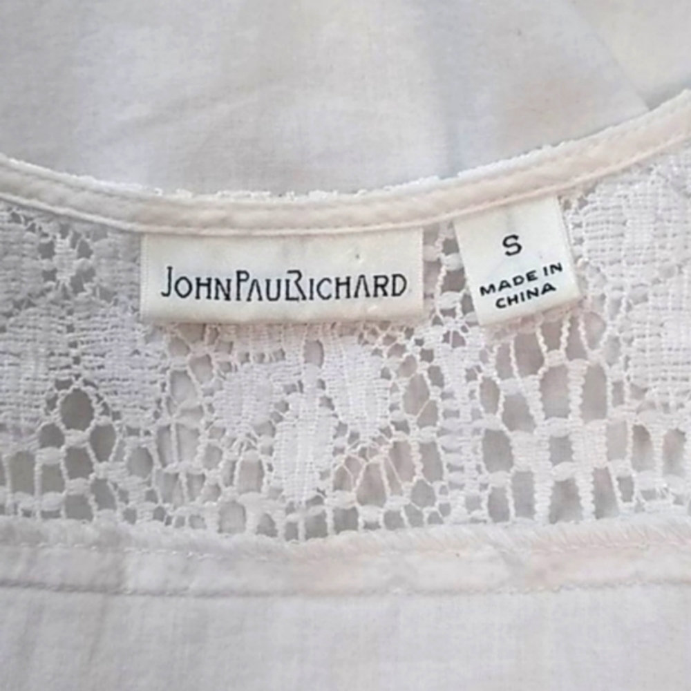 JPR White Front Tie Cotton Bow Top Puffy Lace Sleeves Lacey Back Yoke White S - Picture 5 of 7
